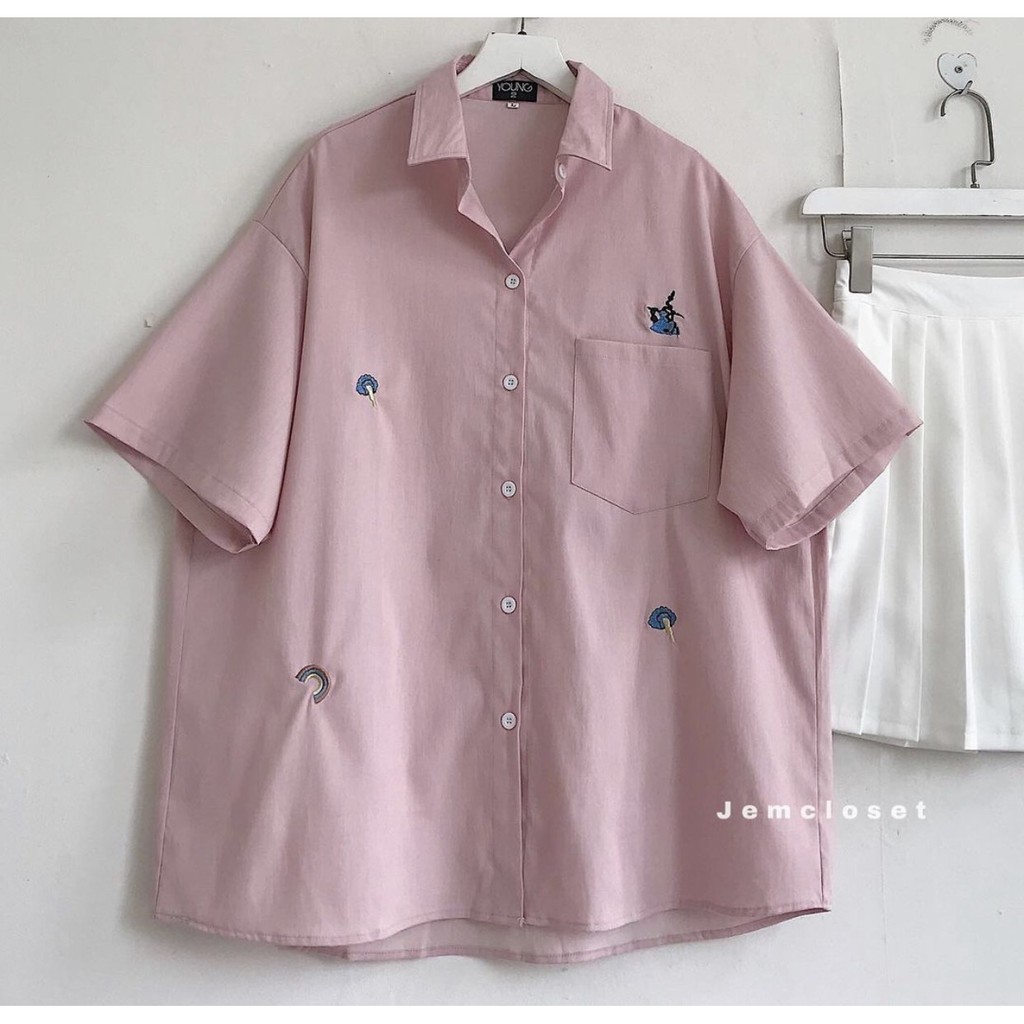 Áo Sơ Mi Nữ Tay Ngắn Thêu Họa Tiết Nhí Đáng Yêu BALE Gồm 3 Màu Trắng - Đen - Hồng - 10038 ( Jem Closet )