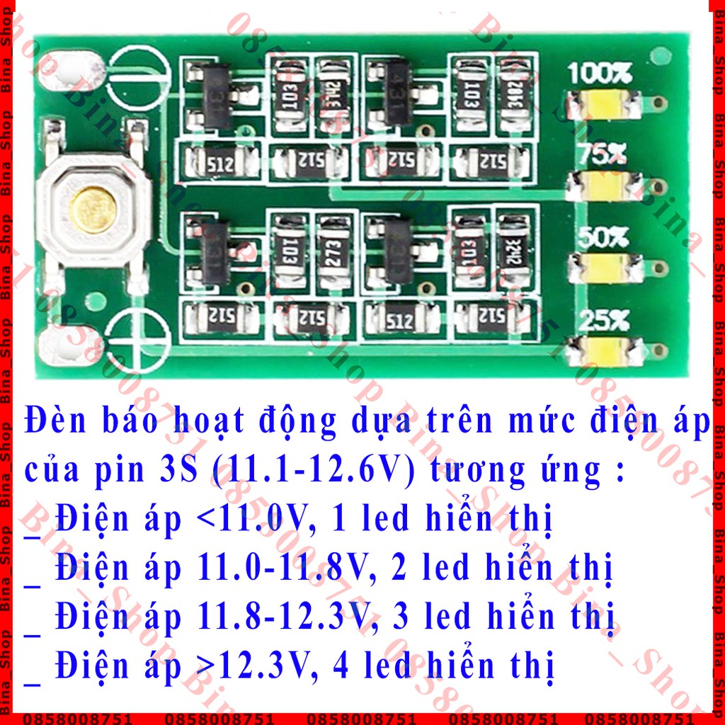 Mạch báo pin 3S 11.1V-12.6V đèn báo mức dung lượng