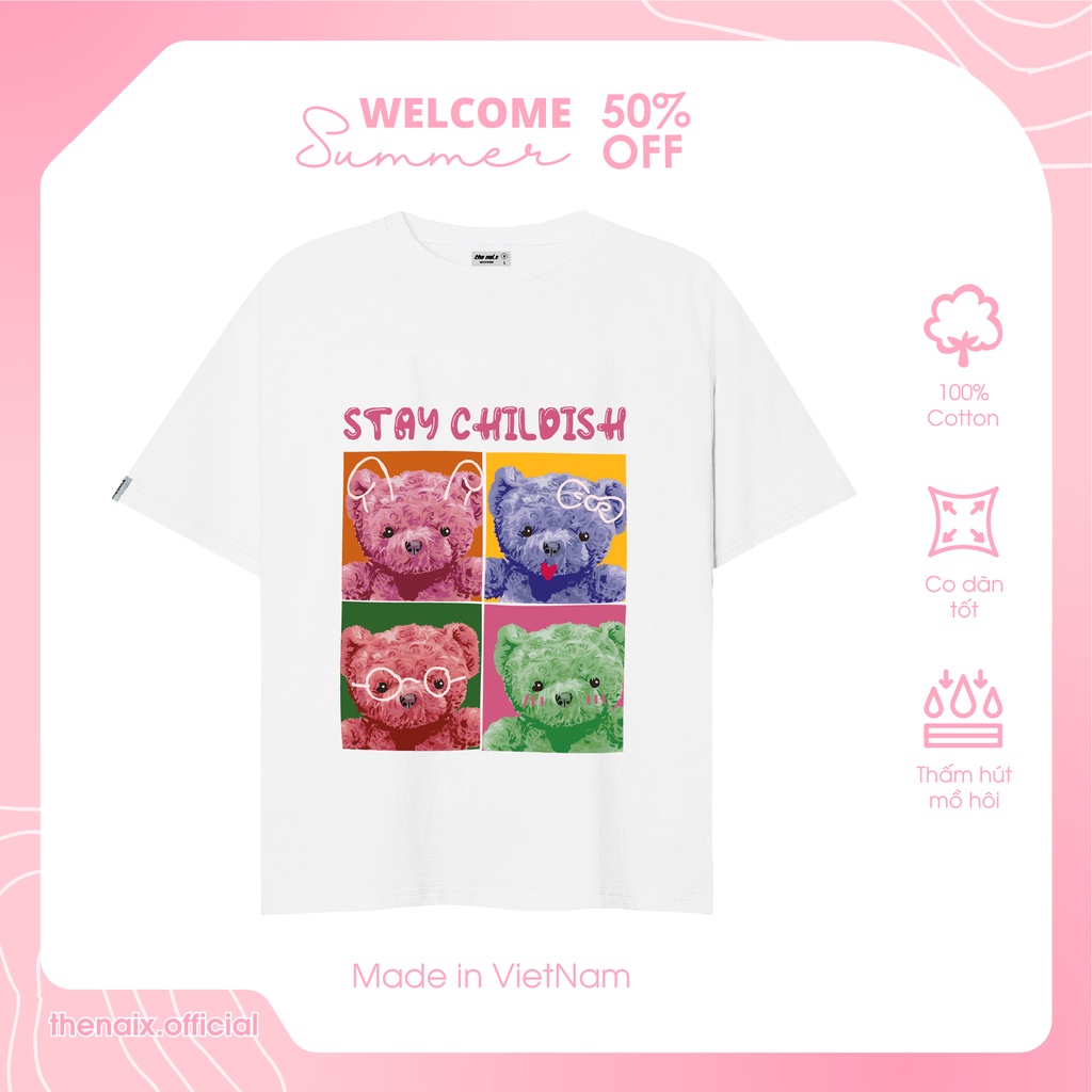 Áo Thun Nam Nữ Unisex Dáng Oversize Vải 100% Cotton In Hình Bears Stay Childish Màu Trắng