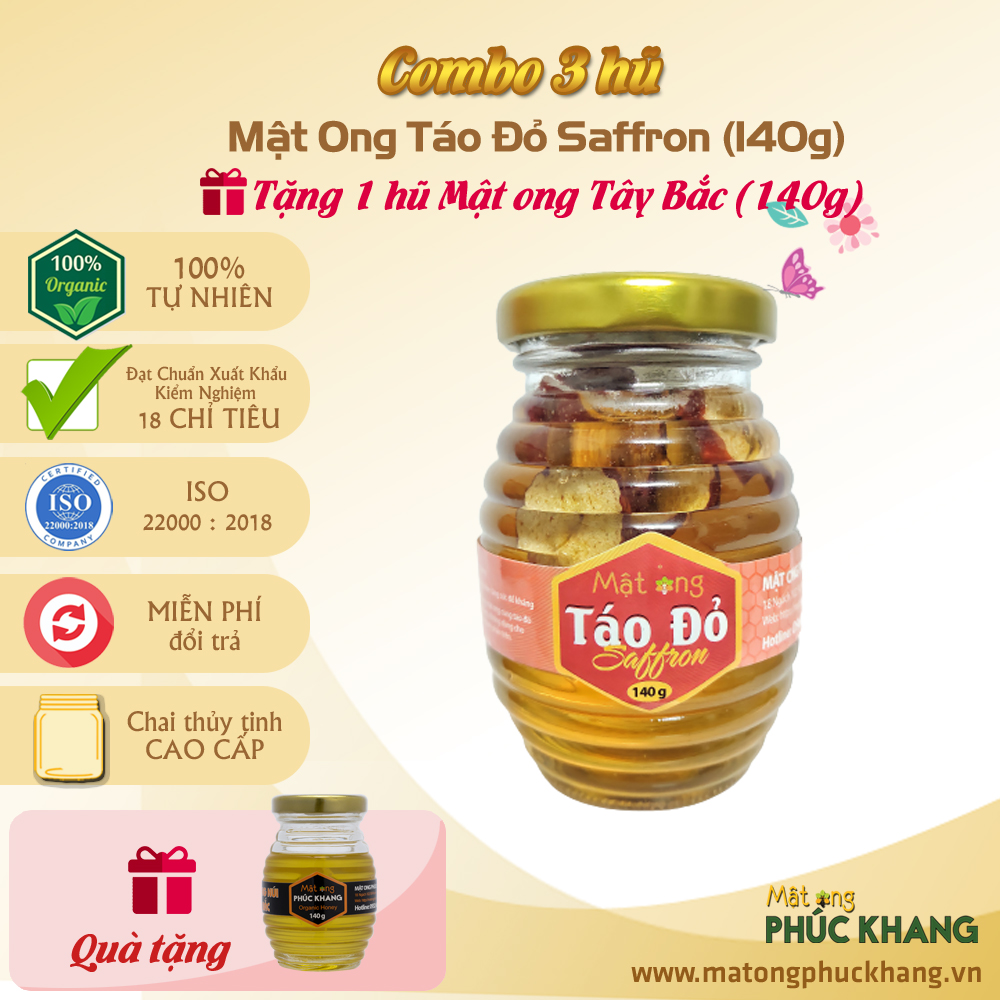 Táo Đỏ Saffron Mật Ong PHÚC KHANG 140G -Combo 3 Hũ -  ISO 22000 - Thảo dược tự nhiên - Bảo vệ sức khỏe