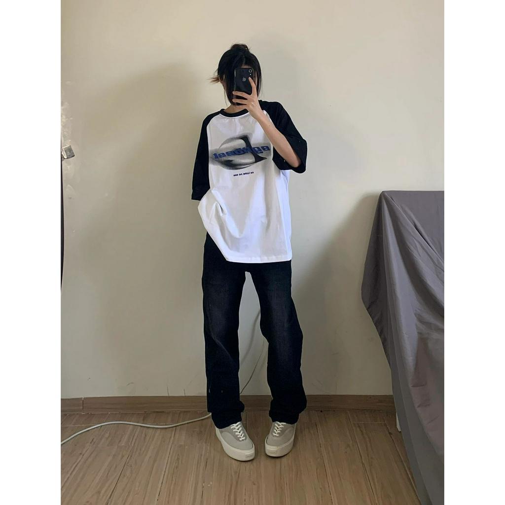 Ethelgirl Áo Thun Tay Ngắn Dáng Rộng In Hình Phong Cách vintage Mỹ Thời Trang Cho Nữ