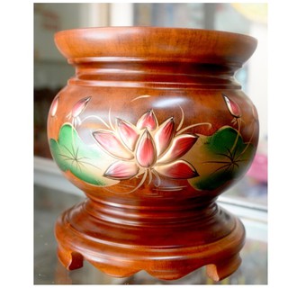 Bd👉 lư hương ø18cm - gỗ khắc nổi hoa sen