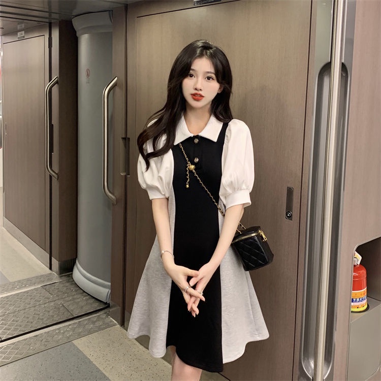 Đầm RENJIANVSHENG 175286 ngắn tay màu sắc tương phản thời trang trẻ trung