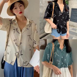 Áo chiffon nữ ngắn tay in hình chiếc lá thời trang