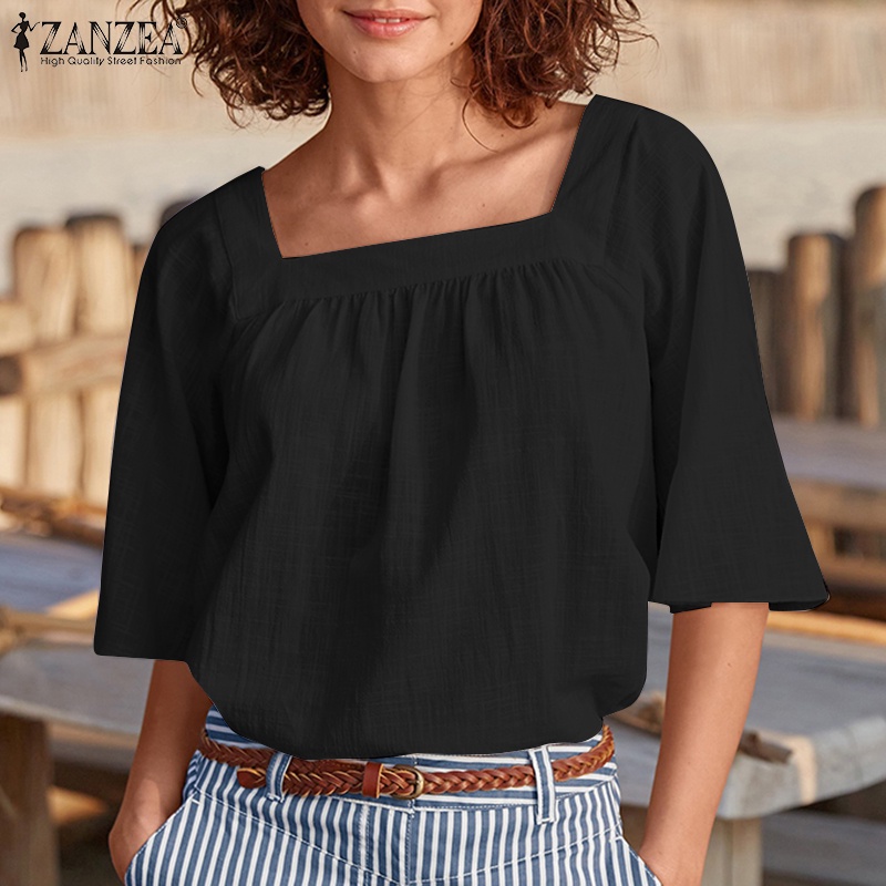 Zanzea Áo Kiểu Cổ Vuông Tay Loe Màu Trơn Phong Cách Bohemian Dành Cho Nữ