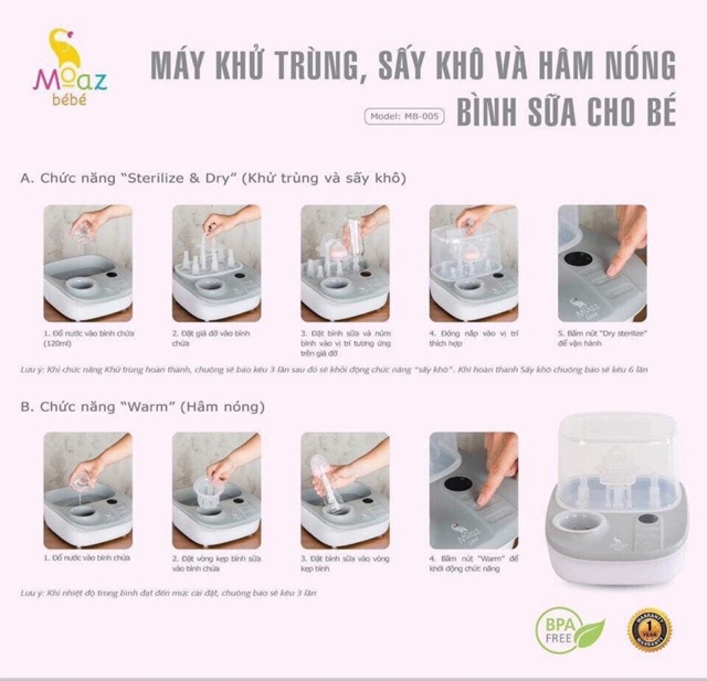 [MOAZ BÉBÉ ] MÁY TIỆT TRÙNG / SẤY KHÔ / HÂM SỮA - MB 005 - 3 CHỨC NĂNG TRONG 1