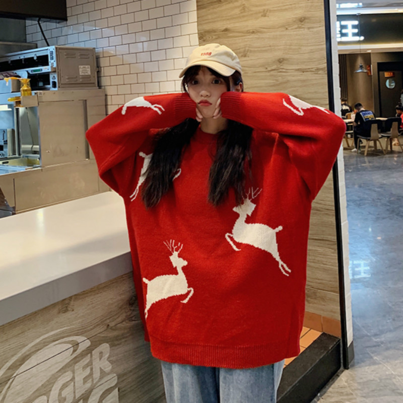 Áo len đan dài tay họa tiết hình con hươu cổ điển phong cách Hàn Quốc cho các cặp đôi vào mùa thu và mùa đông