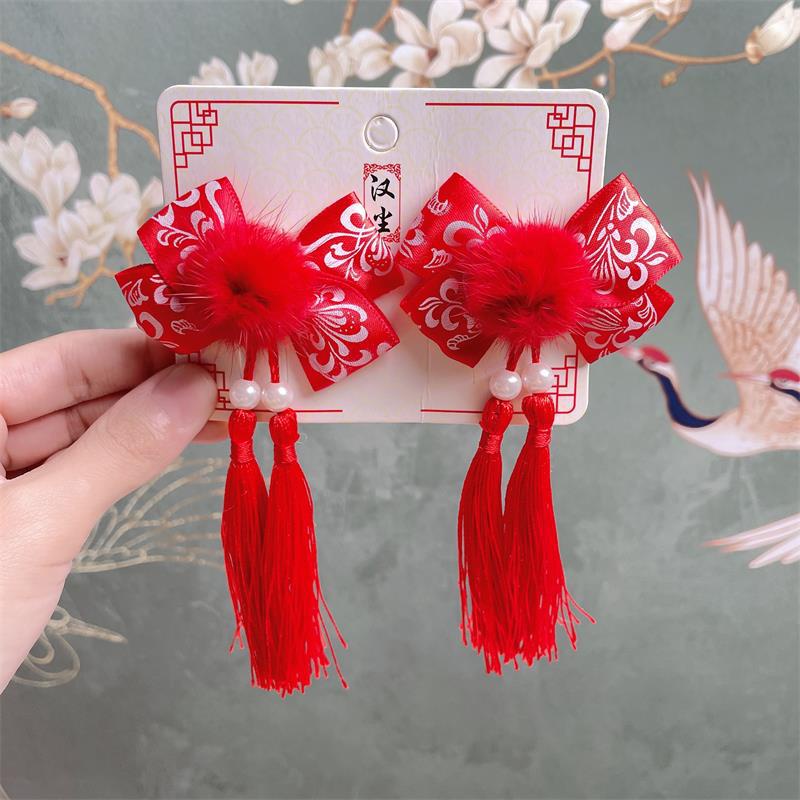 1 Cặp Kẹp Tóc Hình Nơ Tai Mèo Màu Đỏ / Hồng / Xanh Dương Kiểu Hán Phục Trung Hoa Dễ Thương Cho Bé Gái