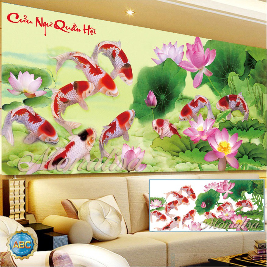 tranh đính đá cá chép hoa sen cửu ngư quần hội kt 150x70cm