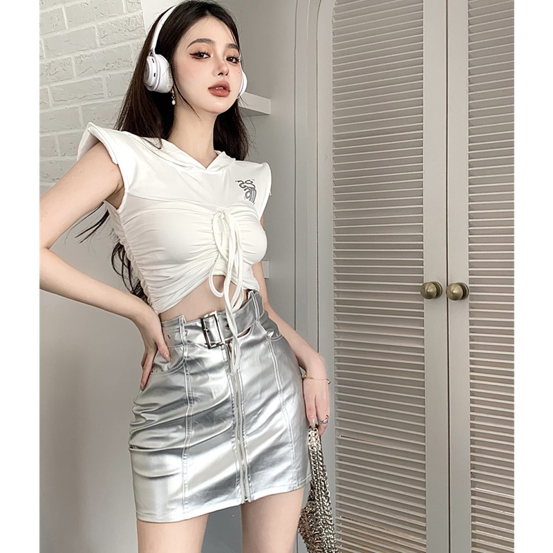 Set Áo Thun Sát Nách Có Mũ + Chân Váy Bạc Quyến Rũ Hợp Thời Trang