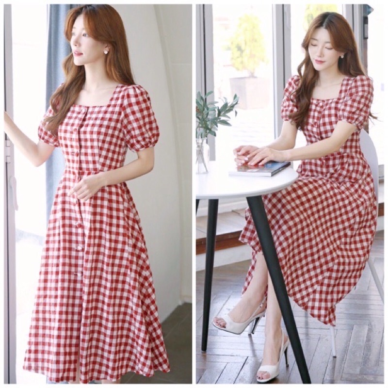 Đầm xoè caro cổ vuông, nút bọc kèm hình thật