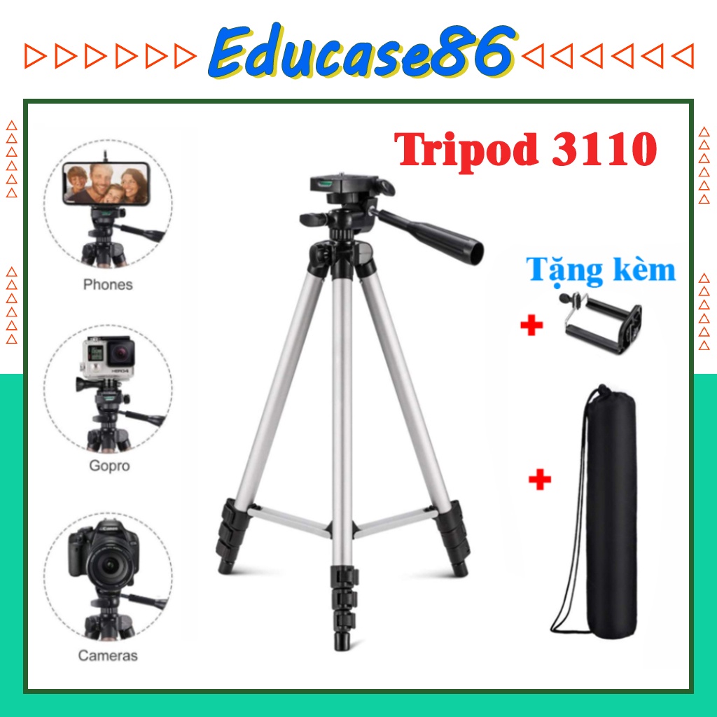 Giá đỡ điện thoại 3 chân Tripod 3110 - Tặng kẹp điện thoại và túi đựng - chụp hình, quay phim, chống rung Educase86