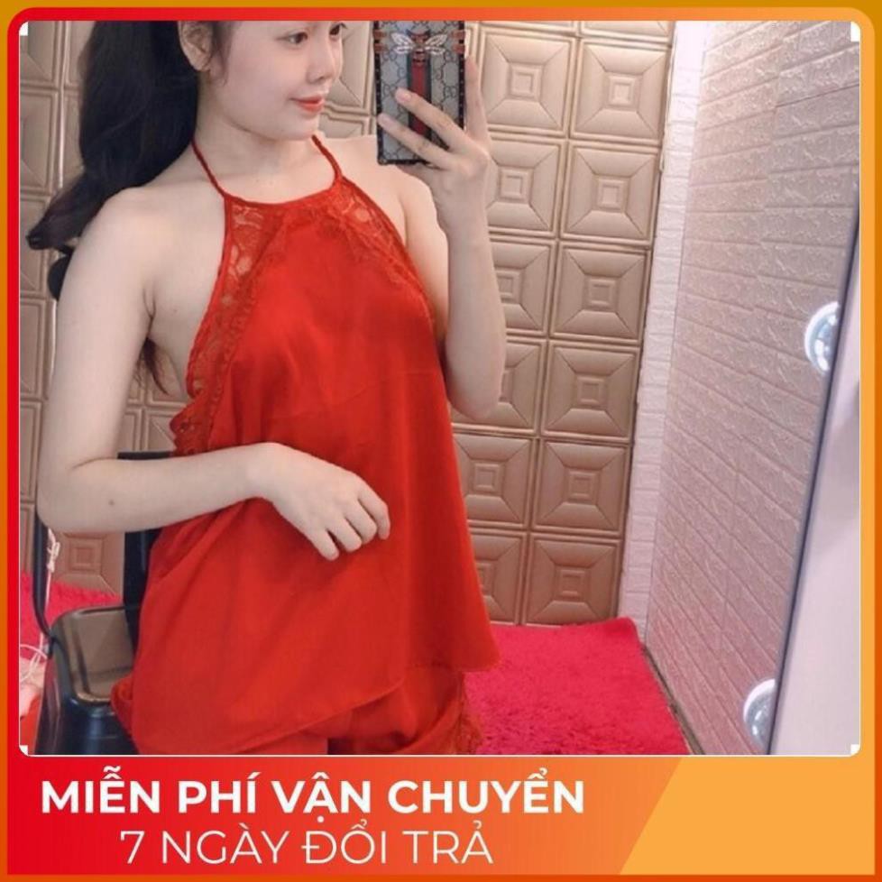 Set ngủ sexy, Đồ ngủ yếm sexy lụa satin cao cấp bigsize <70kg MD001 .