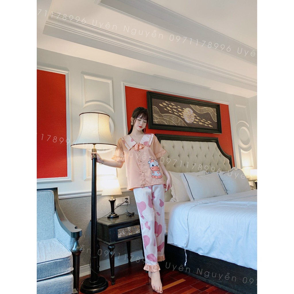 Đồ bộ nữ mặc nhà tay ngắn quần dài phối bèo cổ nơ pijama vải lụa satin kiểu vintage tiểu thư quà tặng vợ | BigBuy360 - bigbuy360.vn