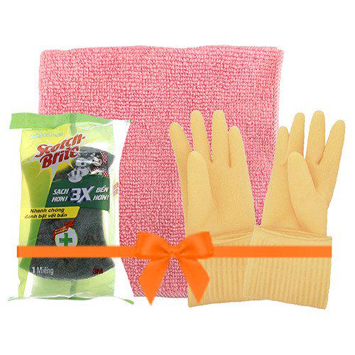 Combo 3M MaxKleen (Cọ Rửa + Khăn Lau + Găng Tay Cao Su )