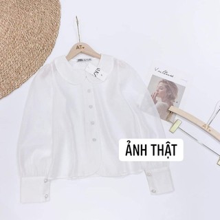 (Hot) Áo Sơ Mi Trắng Cổ Sen Khuy Ngọc