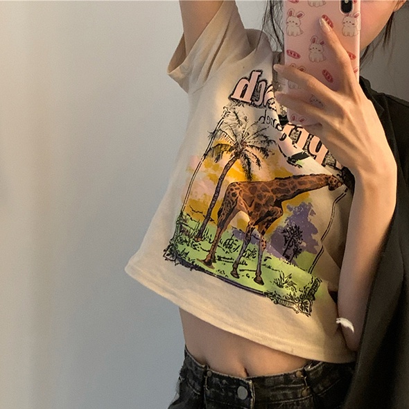 SUXI Áo Thun Tay Ngắn Cổ Tròn Dáng Ôm In Họa Tiết Vintage Thời Trang Mùa Hè Cho Nữ