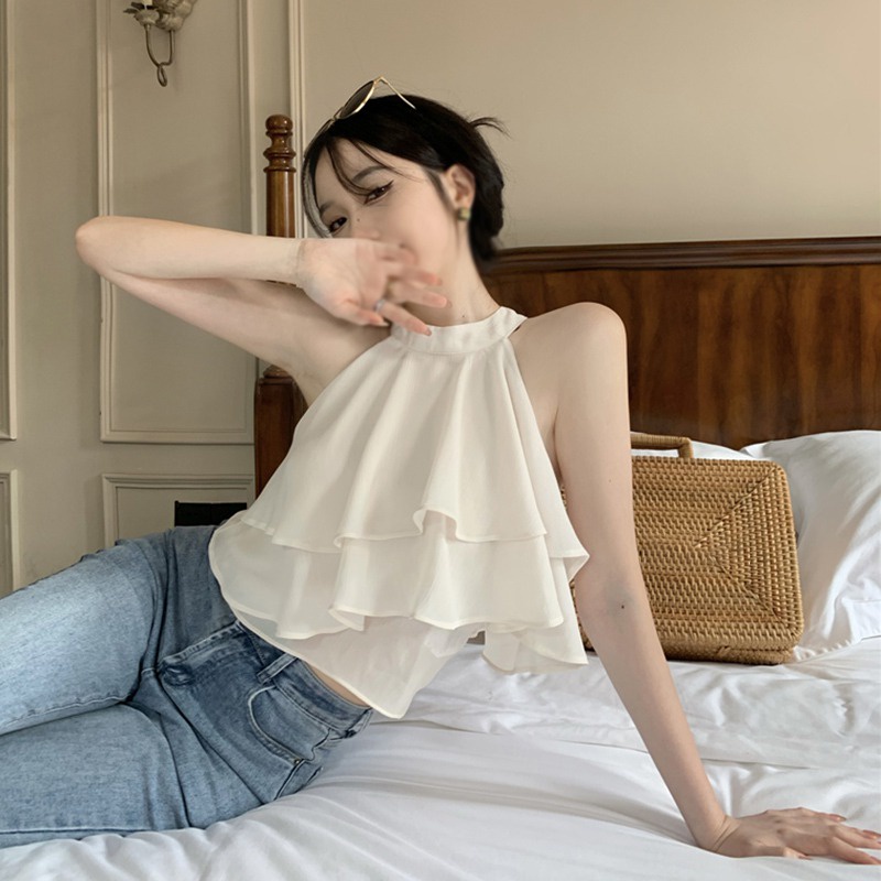 Áo Hai Dây Phối Bèo Màu Trơn Phong Cách Vintage Đầu bể Halter Thời Trang Cho Nữ