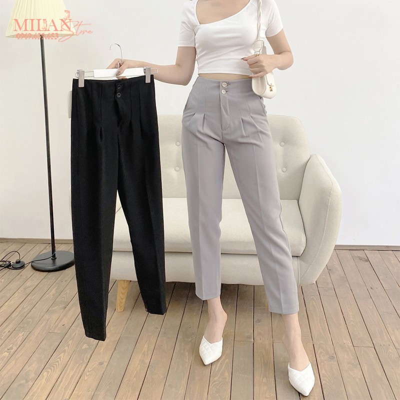 Quần tây công sở nữ dáng dài cạp liền cao 2 nút cúc cài - Dáng quần baggy vải xếp ly màu đen cho nữ mặc đi làm học đẹp