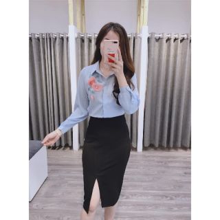Áo sơ mi lụa đính hoa thêu