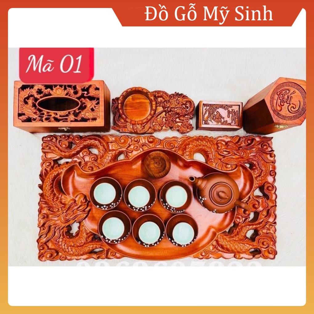 Combo đồ gỗ mỹ nghệ mini song long rồng ấm chén khay trà  gỗ hương đỏ, Đồ gỗ nội thất cao cấp hộp giấy lọ tăm