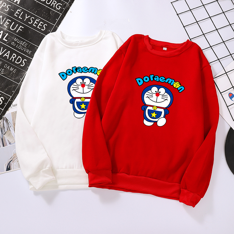 Áo sweatshirts phối nhung tay dài in hình Doremon phong cách thu đông thời trang cho cặp đôi
