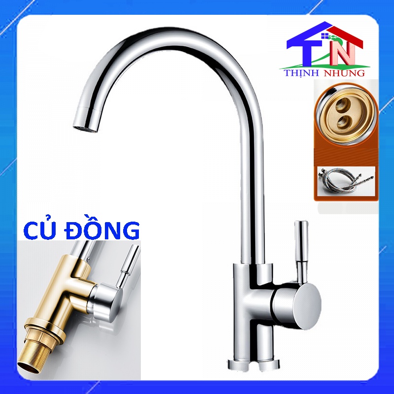 Vòi Rửa Chén Bát Nóng Lạnh Inox 304 Củ Vòi Đồng Nguyên Khối Quay 360 Độ🍒Tặng Kèm 2 Dây Cấp Nóng Lạnh Bảo Hành 12 Tháng🍒🍒