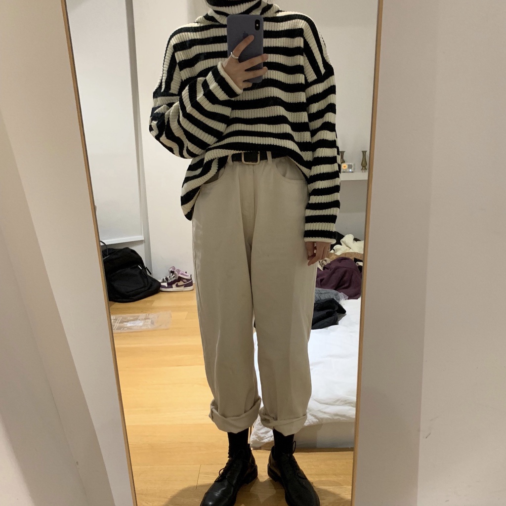 Áo Len Cổ Lọ Form Rộng Họa Tiết Kẻ Sọc Thời Trang Hàn Quốc Mới