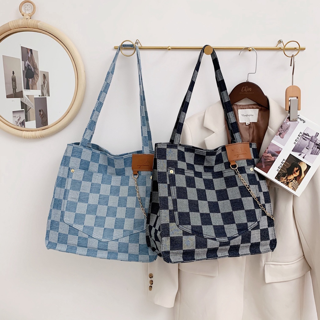 Túi tote đeo chéo nữ vải jean phong cách Ulzzang Hàn Quốc đi chơi, đi làm kẻ caro thời trang