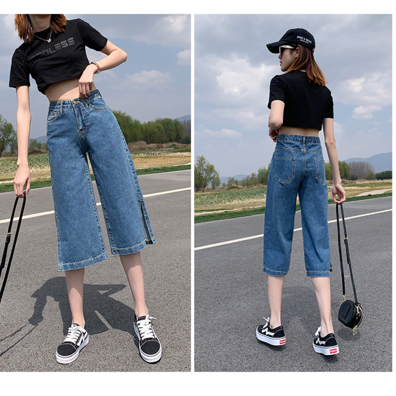 Quần jean lửng ống rộng xẻ tà thời trang phong cách Hàn Quốc dành cho nữ