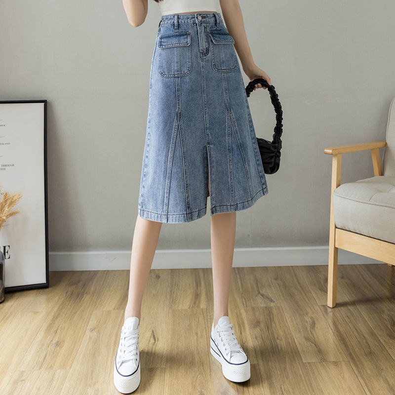 Chân váy denim RENJIANVSHENG dáng chữ A lưng cao phong cách Hàn Quốc thời trang cho nữ
