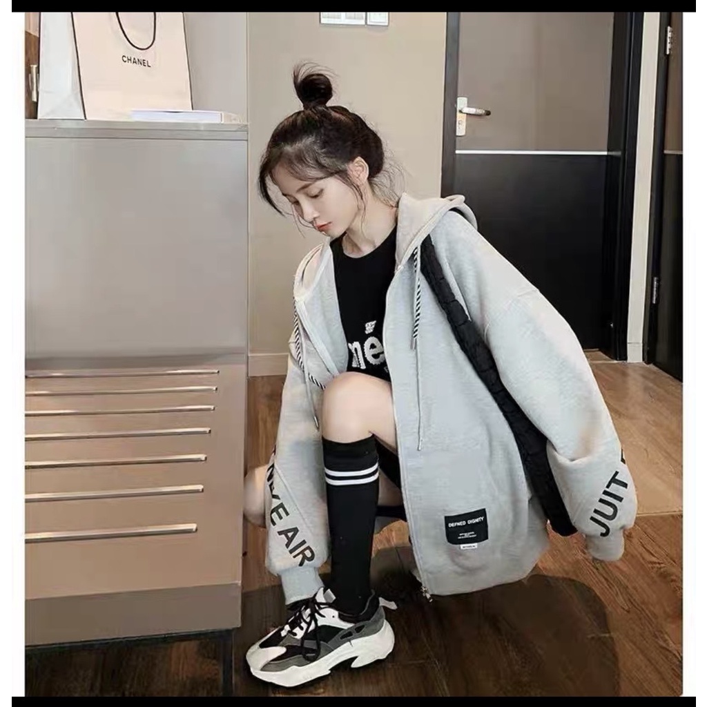 Áo khoác hoodise basic khóa kéo tay phồng in tay họa tiết