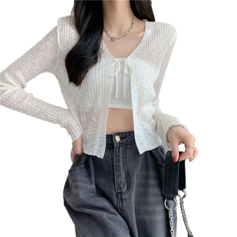 Áo Khoác Cardigan Dệt Kim Mỏng Nhẹ Cổ Chữ V Tay Dài Hở Phía Trước Thời Trang Mùa Hè Cho Nữ