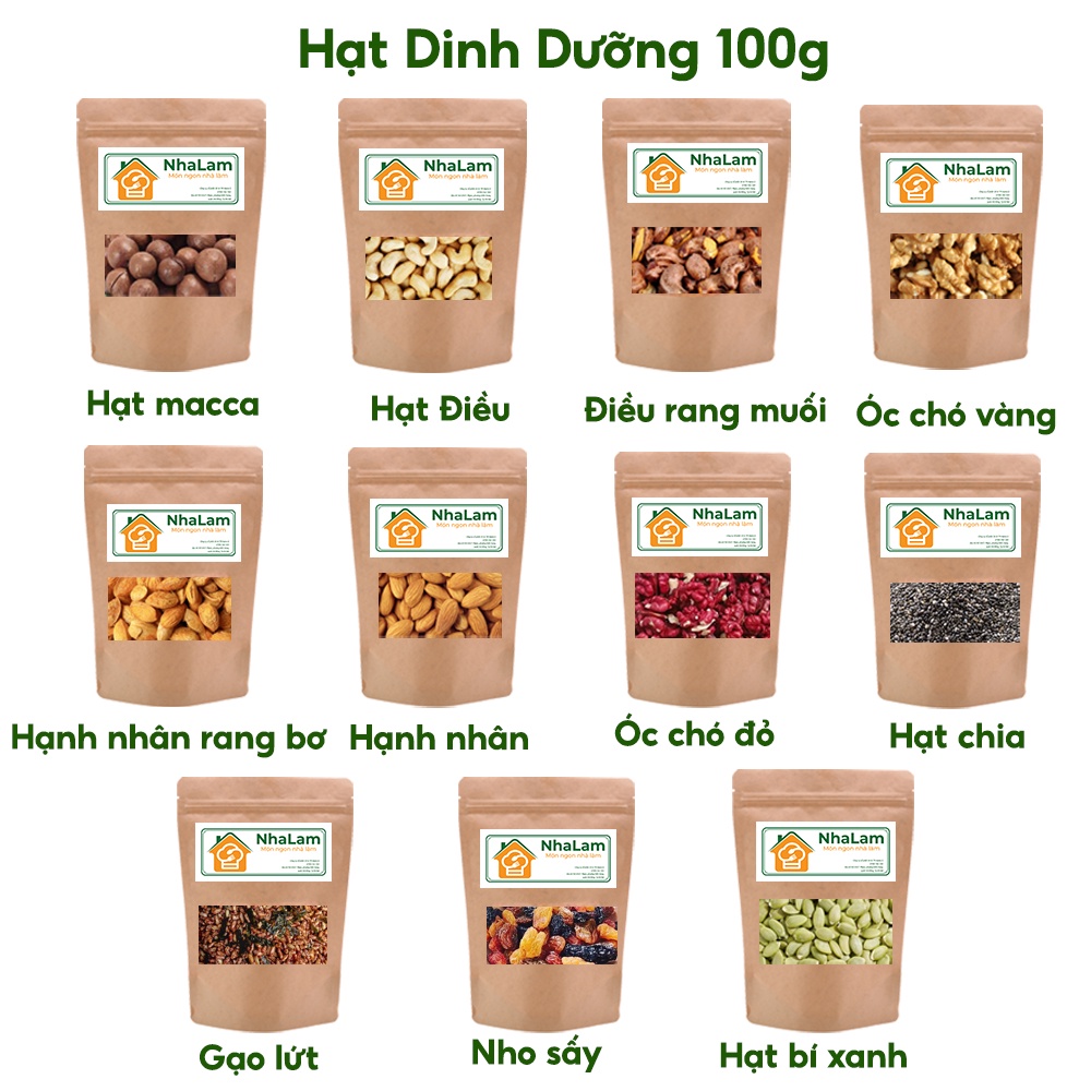 Hạt Chia, Hạnh Nhân, Hạt Điều, Macca, Óc Chó, Hạt Bí Xanh, Gạo Lứt, Nho Sấy Set 100 gram NHALAMFOOD