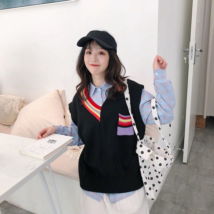 Áo Gile Student Korean Loose New Sleeveless Knitted Vest Women