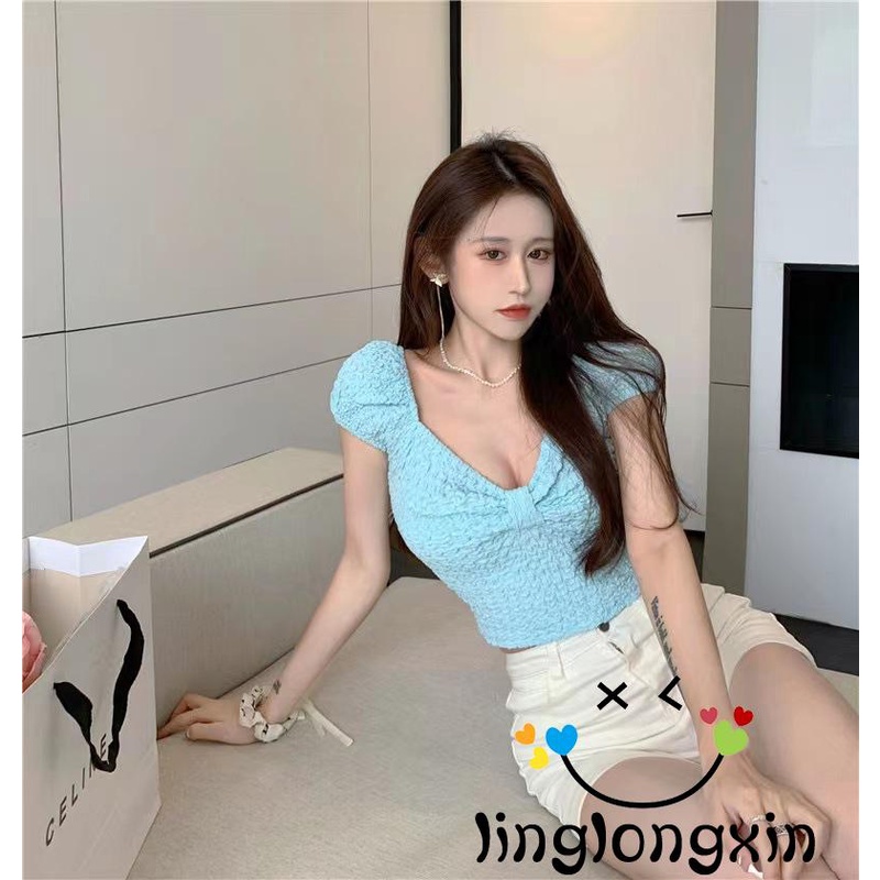 Áo Crop Top Tay Ngắn Màu Trơn Phối Nơ Họa Tiết Gợn Sóng 2 Màu Sắc Thời Trang Cho Nữ