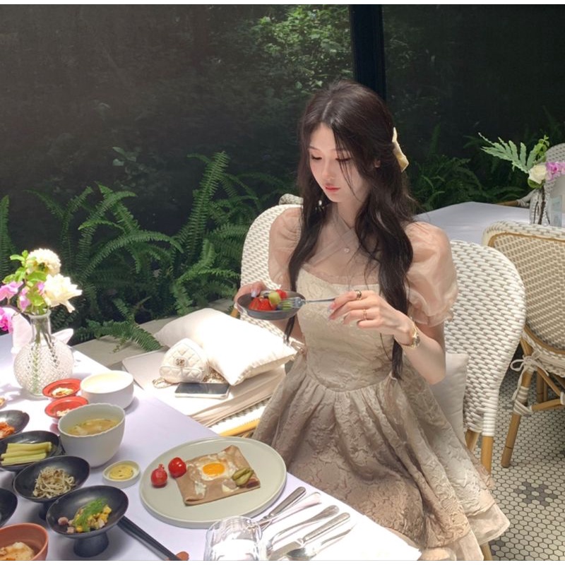 Đầm xòe tay phồng màu loang nâu oder taobao