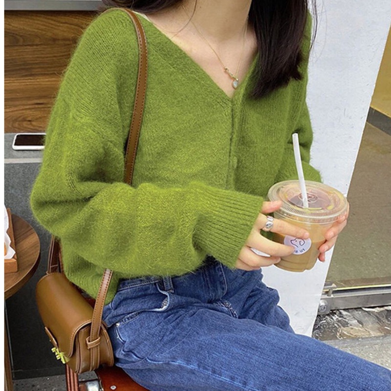 Áo dệt kim RENJIANVSHENG 206852 tay dài màu xanh lá phong cách retro Pháp thời trang cho nữ