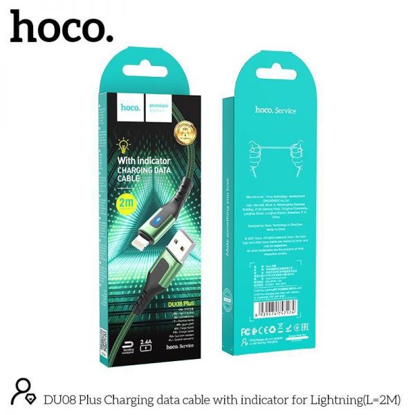 Cáp Hoco DU08/DU08 Plus Lightning USB dành cho iPhone/iPad, sạc nhanh 2.4A, dây bọc dù chống đứt ,có đèn LED, dài 1m/2m