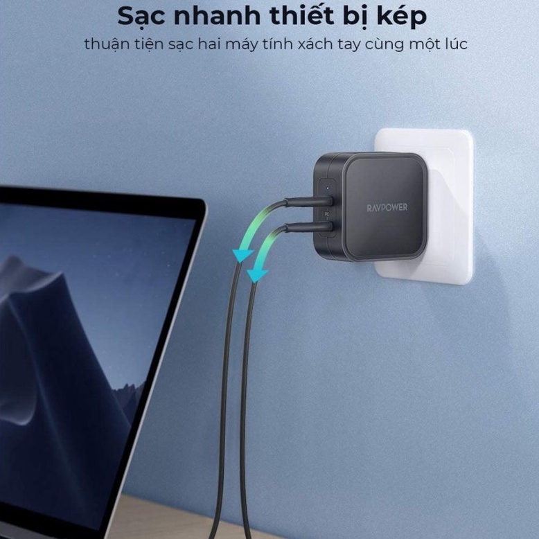 Củ Sạc Siêu Nhanh 90W RAVPower RP-PC128 - 2 Cổng Sạc Type C  - QC 3.0 - GaN - Kèm Cáp C to C 90W