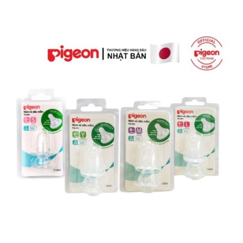 Núm vú PIGEON cổ hẹp siêu mềm, Núm ti thay thế đủ sizeS,M,L,Y(vỉ 2 cái)