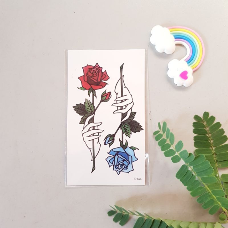 Hình xăm hoa hồng đỏ, hoa hồng xanh blue rose, t144. Xăm dán tatoo mini tạm thời, size &lt;10x6cm