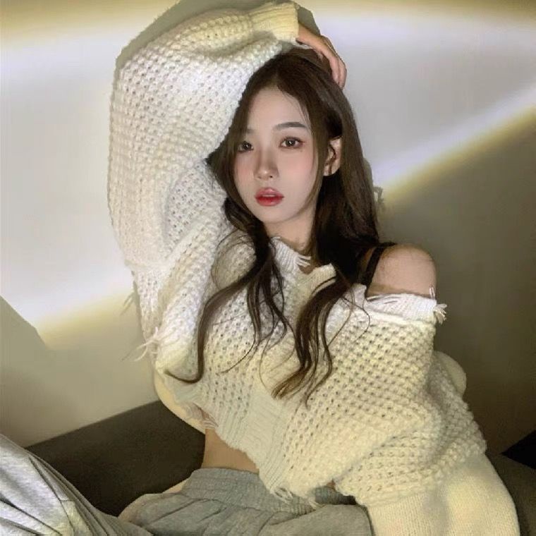 Áo Sweater Dệt Kim Màu Trắng Dáng Rộng Thời Trang Thu Đông Hàng Mới