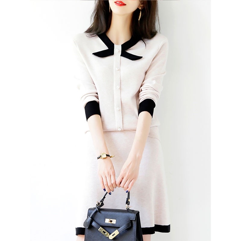 Set áo len cổ nơ + chân váy xoè cao cấp