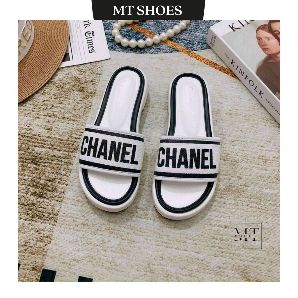 Dép nữ quai ngang đế bọc cao 2 phân họa tiết thương hiệu CN chất canvas siêu mềm mịn form đẹp