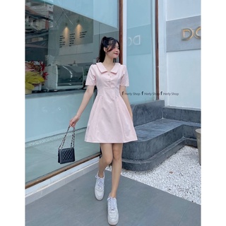 ĐẦM CỔ BẺ XẾP LY HÔNG ĐÍNH NÚT