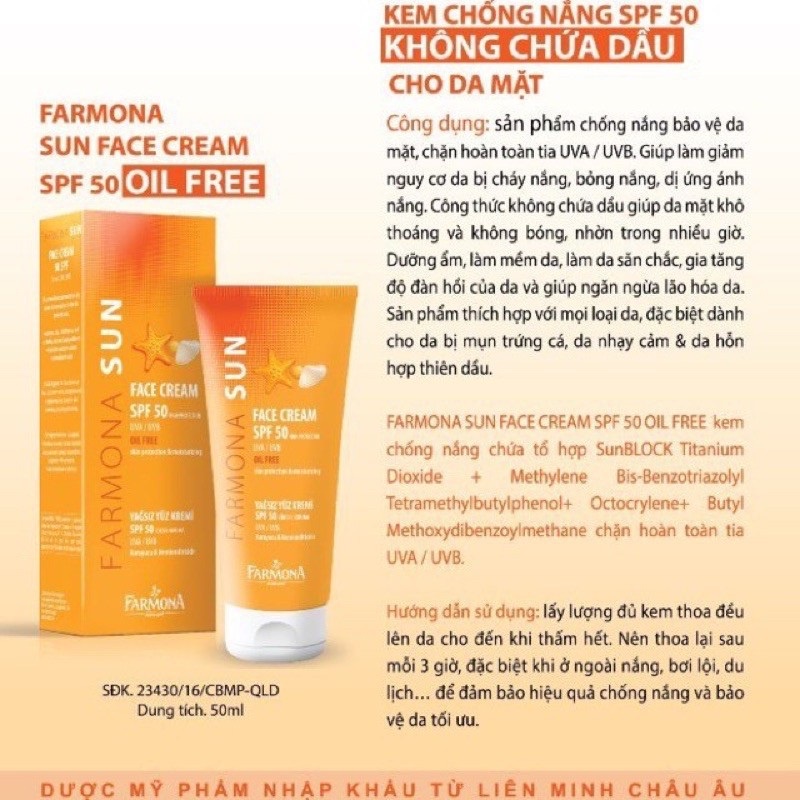 [HÀNG NHẬP KHẨU] Kem Chống Nắng Không Chứa Dầu, Không Bóng Nhờn Bết Dính Farmona Sun Face Cream SPF50 Oil Free 50ml