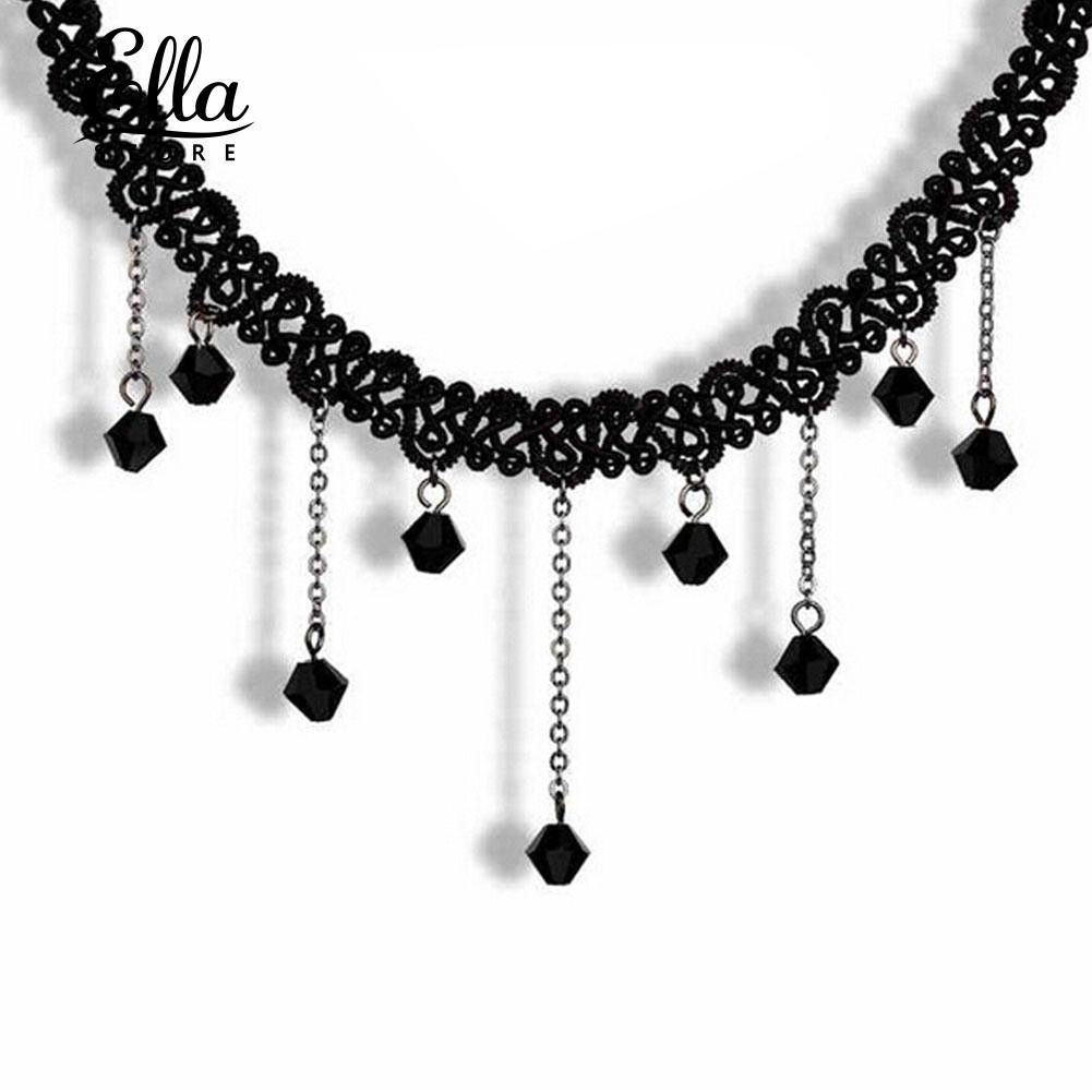 Vòng cổ choker dây vải phối đá đen thời trang phong cách cho nữ