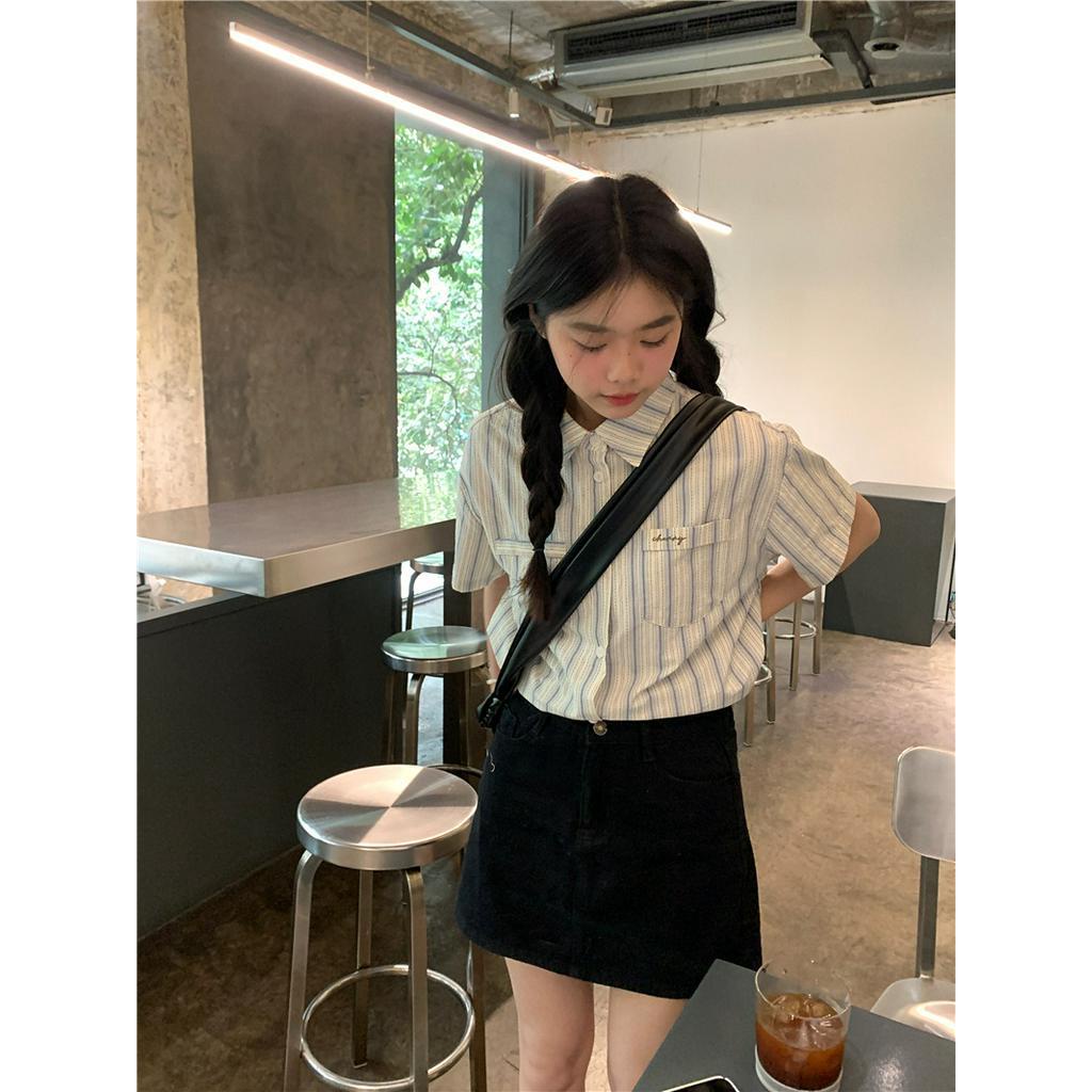 Áo Sơ Mi Kẻ Sọc Dáng Rộng Ngắn Tay Phong Cách Hàn Quốc Thời Trang Mùa Hè 6332
