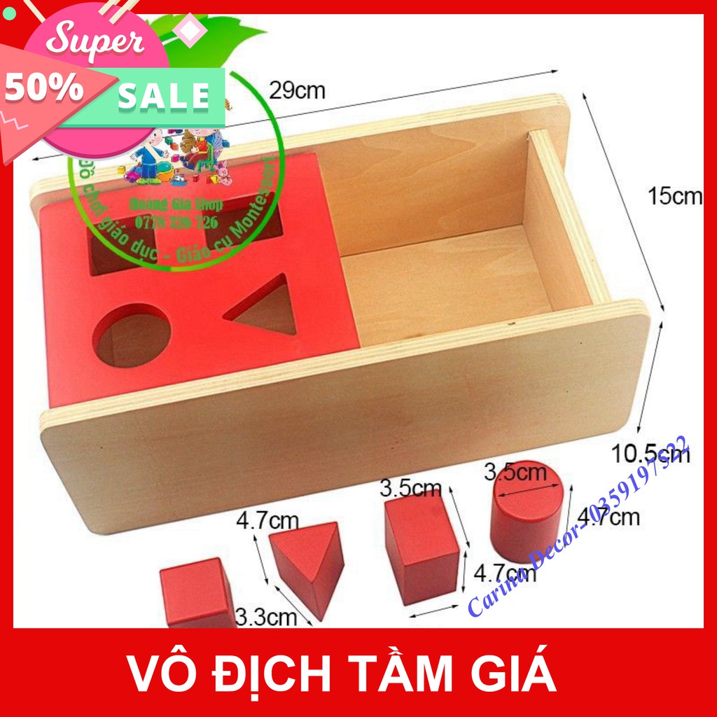 Giáo cụ Montessori 0-3 - Hộp Imbucare nắp lật thả xu, thả quả len, thả 4 hình khối cơ bản - Carina Decor